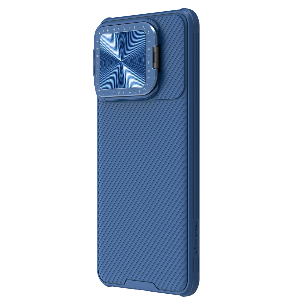 Чехол синего цвета от Nillkin с металлической откидной крышкой для камеры на Xiaomi Poco F6 Pro, серия CamShield Prop Case