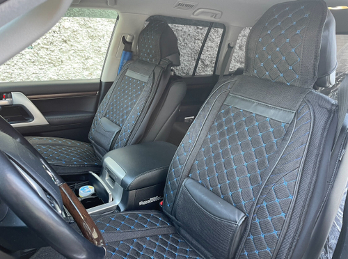 WW - 02 Синий (2 шт.) / Комплект чехлов на сиденья, ткань черная, строчка синяя, из ткани, 2 предмета, серия: ма-риал (за комплект)