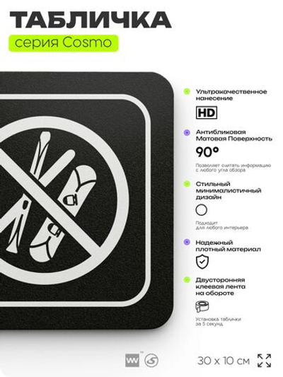 Табличка Вход со спортивным инвентарем запрещен, 30х10 см, для кафе, магазина, офиса, отеля, серия COSMO, Айдентика Технолоджи