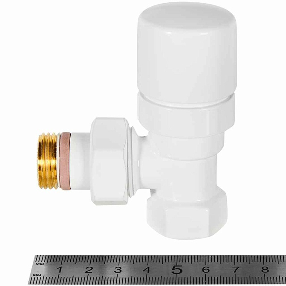 Клапан термостатический угловой STOUT Design - 1/2" (ВР/НР-американка, PN10, Tmax 120°C, EPTF уплотнение, цвет белый)