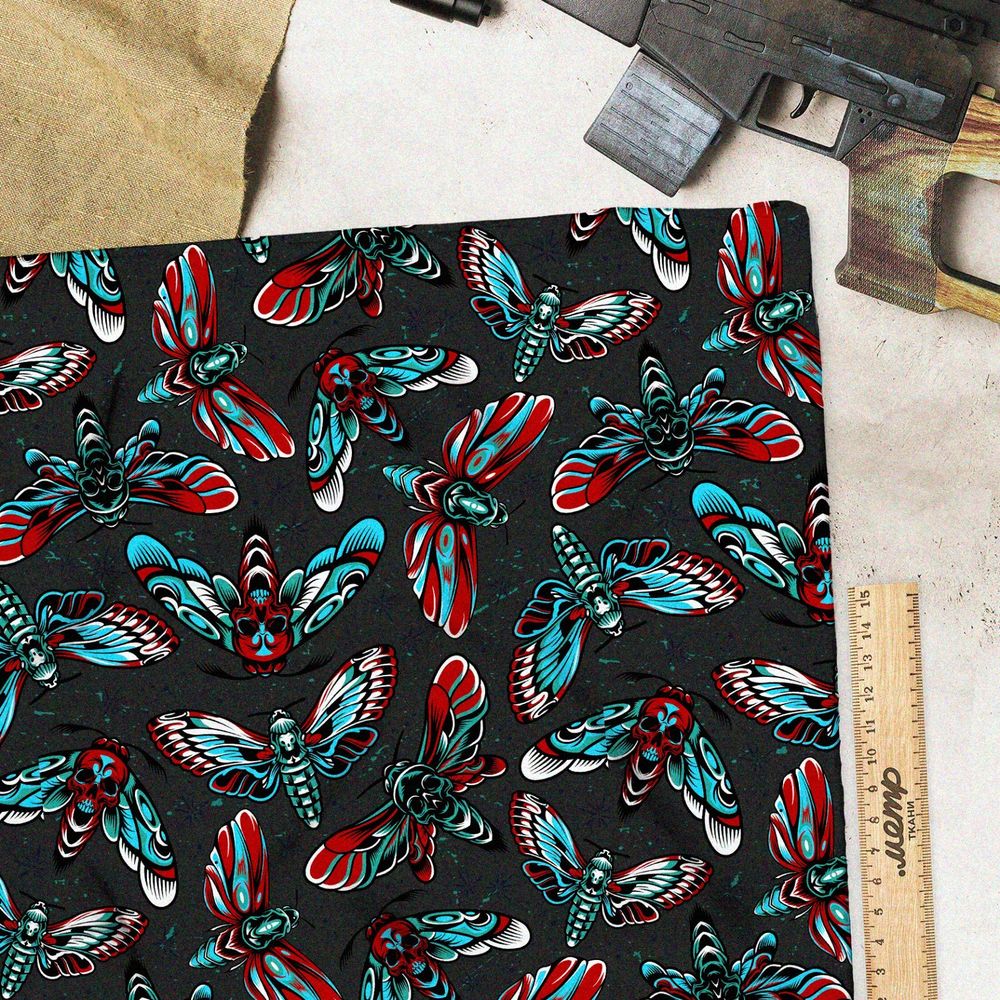 Ткань дюспо красно-синие цикады на чёрном фоне