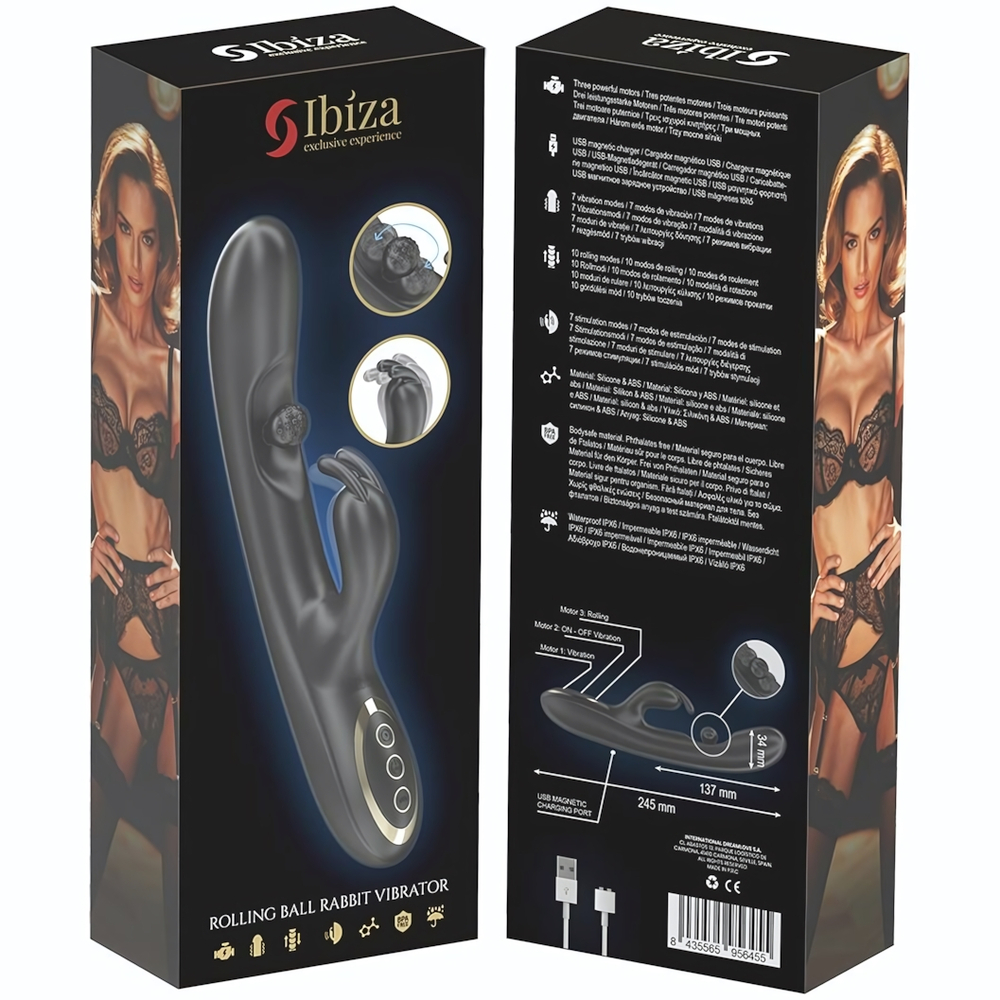 Черный вибратор-кролик с вращающимся шариком - 24,5 см. (Цвет: черный)