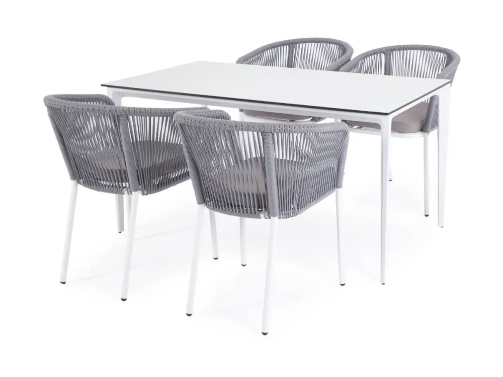 "Малага" обеденная группа на 4 персоны со стульями "Марсель", каркас белый, роуп светло-серый