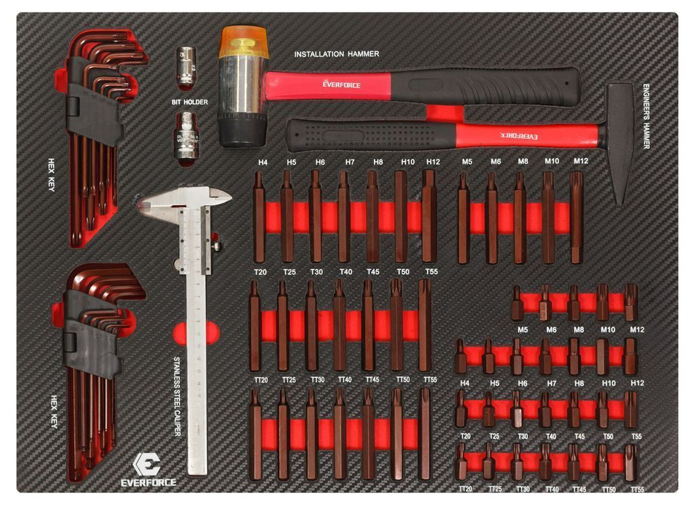 Набор бит, ключей Torx/6-гранных Г-образных и ударного инструмента 75пр(Н4-Н12, Т20-Т55, М5-М12),в ложементе EVERFORCE EF-21042