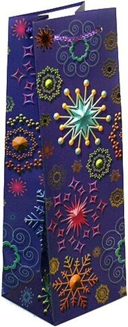 Пакет подарочный для вина, Новогодний калейдоскоп снежинок, Темно-синий, Металлик, 36*12*10 см, 1 шт