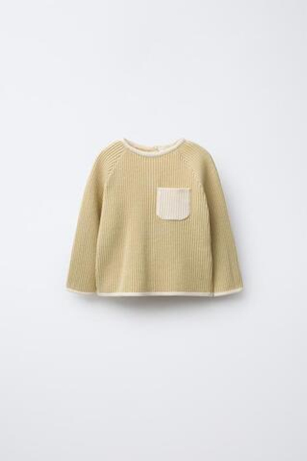 ZARA ДЖЕМПЕР С КОНТРАСТНОЙ ОТДЕЛКОЙ, СВЕТЛО-ОЛИВКОВЫЙ