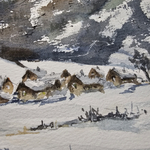 Картина авторская акварельная в паспарту 21х30 см на стену для интерьера "Деревенька"