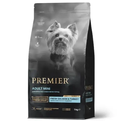 Premier dog salmon & turkey adult mini сухой корм для собак мелких пород, свежее филе лосося с индейкой - 1 кг
