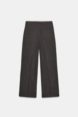 ZARA ШИРОКИЕ БРЮКИ С ДВОЙНЫМ ПОЯСОМ «ГУСИНАЯ ЛАПКА», ТЕМНО-КОРИЧНЕВЫЙ