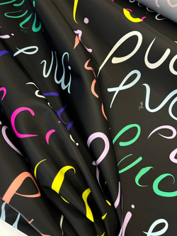 Курточно-плащевая ткань п/э Emilio Pucci черная с разноцветными надписями и лого