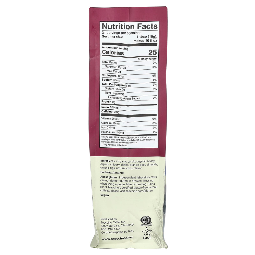 Teeccino, травяной кофе из цикория, апельсин, легкая обжарка, без кофеина, 312 г (11 унций)
