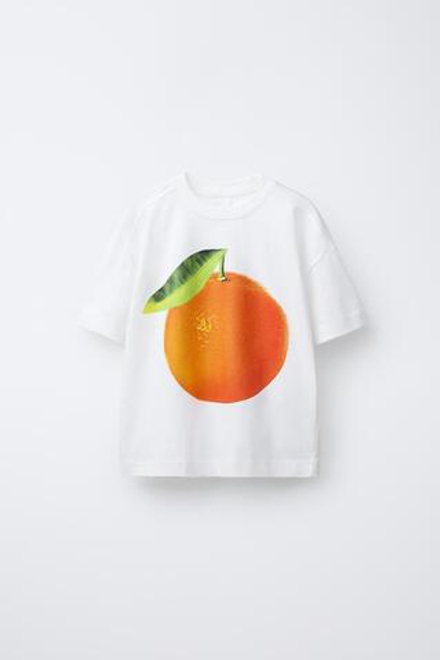 ZARA ФУТБОЛКА С ПРИНТОМ «ФРУКТЫ», ЖЕЛТОВАТО-БЕЛЫЙ