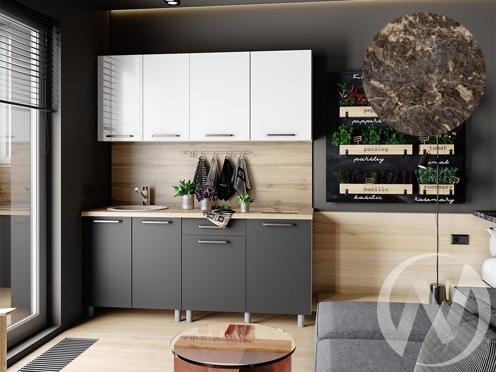 Кухня Ребекка 1.8м (корпус белый/белый; графит) 38мм королевский опал