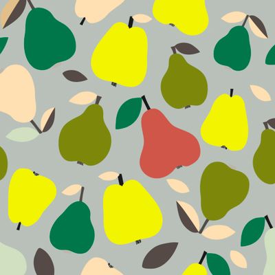 Яркие разноцветные груши на нейтральном фоне