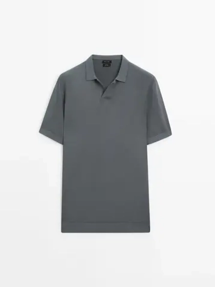 Massimo Dutti Хлопковый свитер с воротником поло и короткими рукавами, водянисто-зеленый