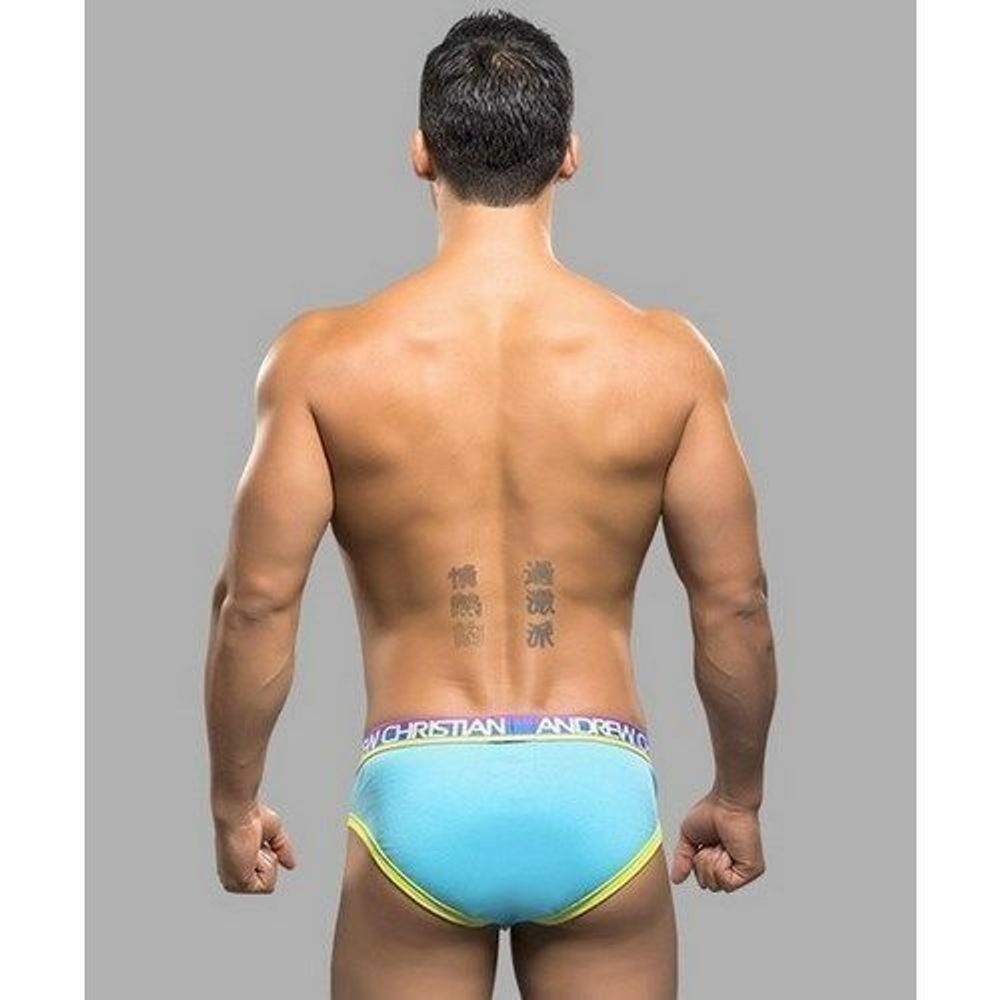 Мужские трусы слипы голубые с желтой окантовкой Andrew Christian