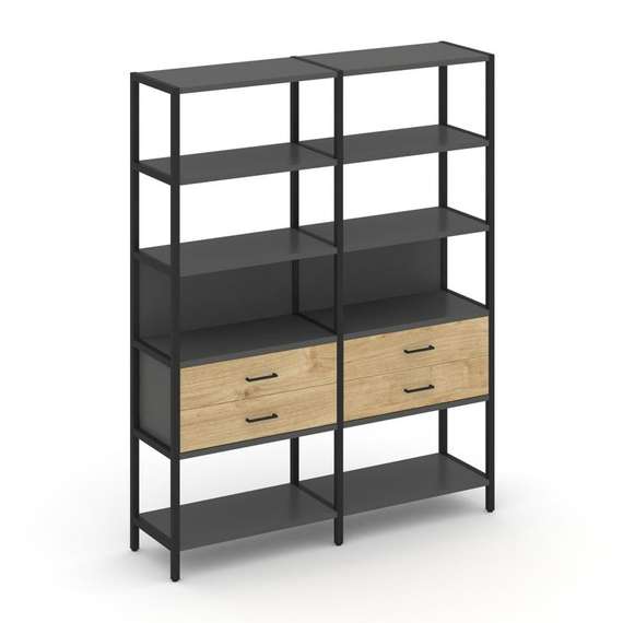 Shelf System Двухсекционный стеллаж пятиярусный с ящиками SN.STM-522 Антрацит/Тиквуд Светлый/Металл