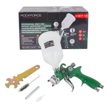 Краскораспылитель с верхним пластиковым бачком (600мл,1.4мм,2.0-3.5Bar,120-200л/мин) RockForce##Rock FORCE RF-H-887P-14V