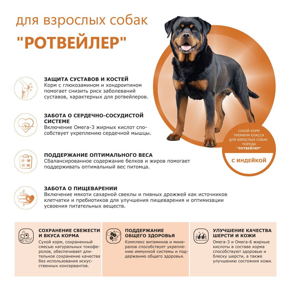 Корм сухой для взрослых собак породы Ротвейлер, премиум полнорационный комплекс, с индейкой, 2,5 кг, QUATTRO