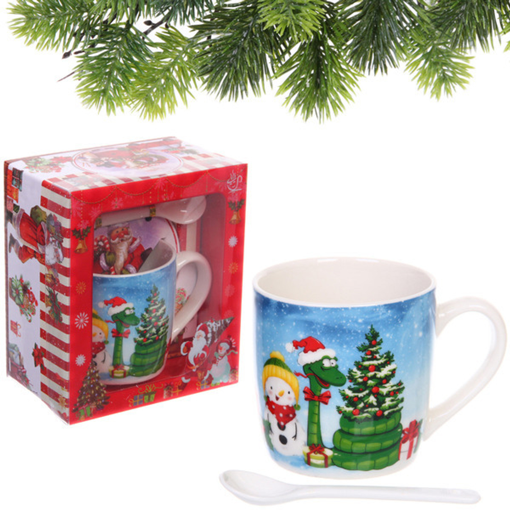 Кружка керамическая 200мл «Славный удав у ёлки» с ложкой в подарочной коробке