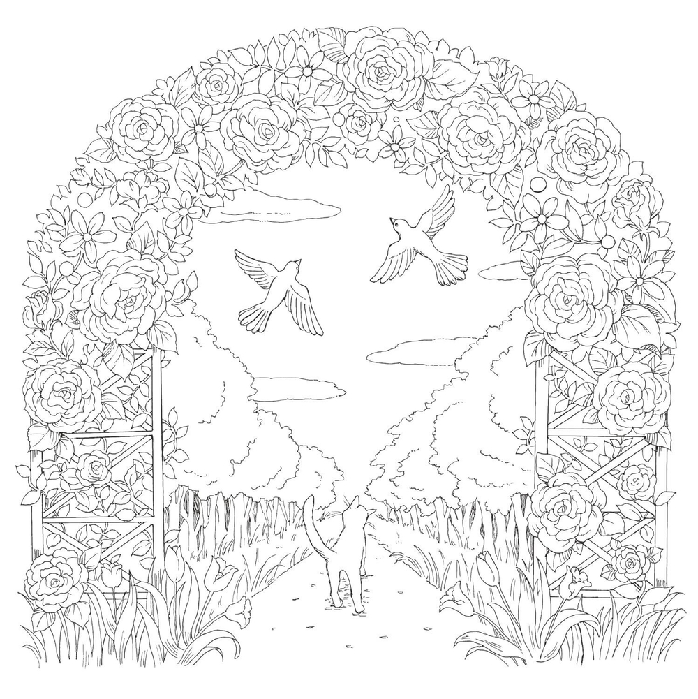 Cats and Their Cute Friends on a Flower Path. Coloring Book