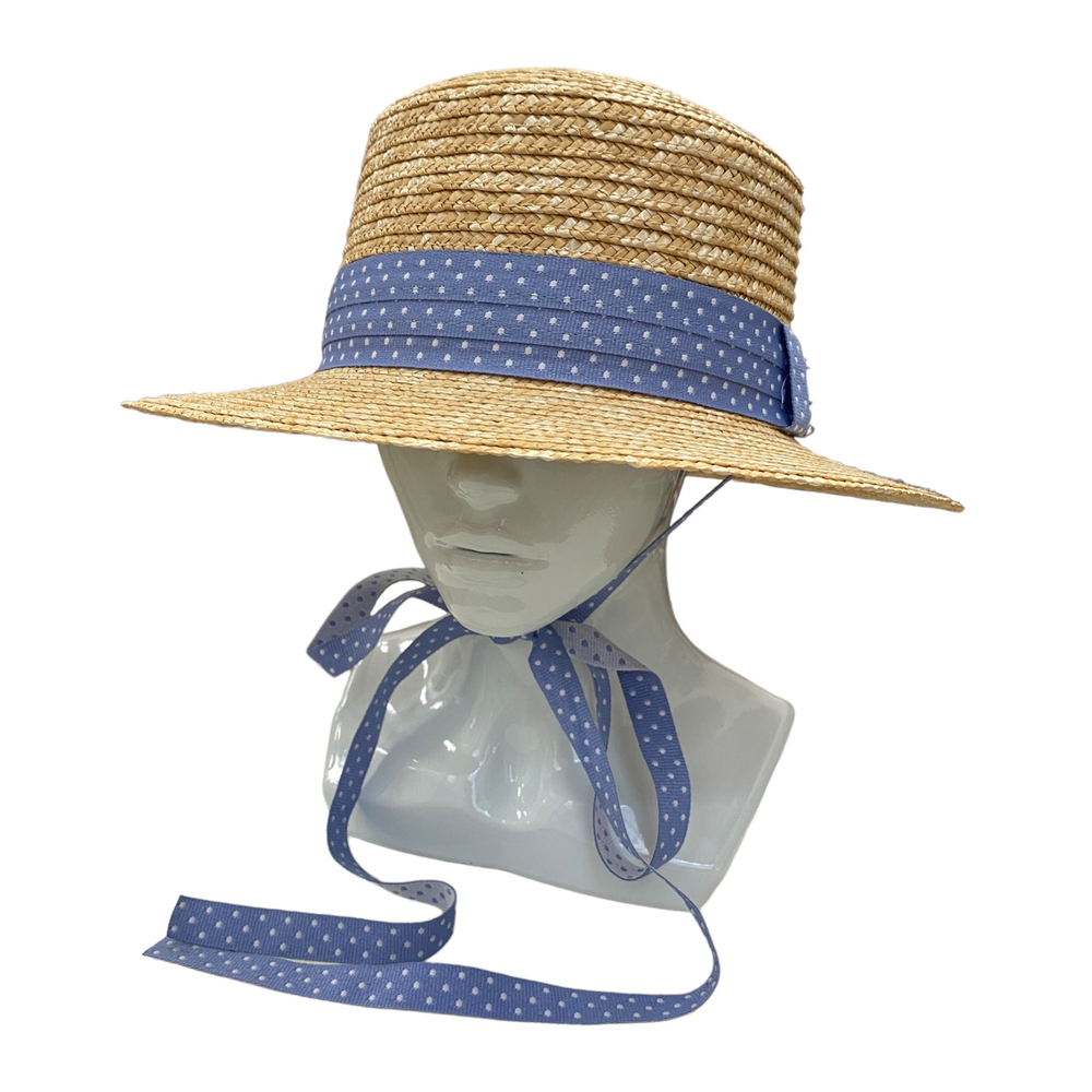 Канотье пшеница с лентой в горох Голубой