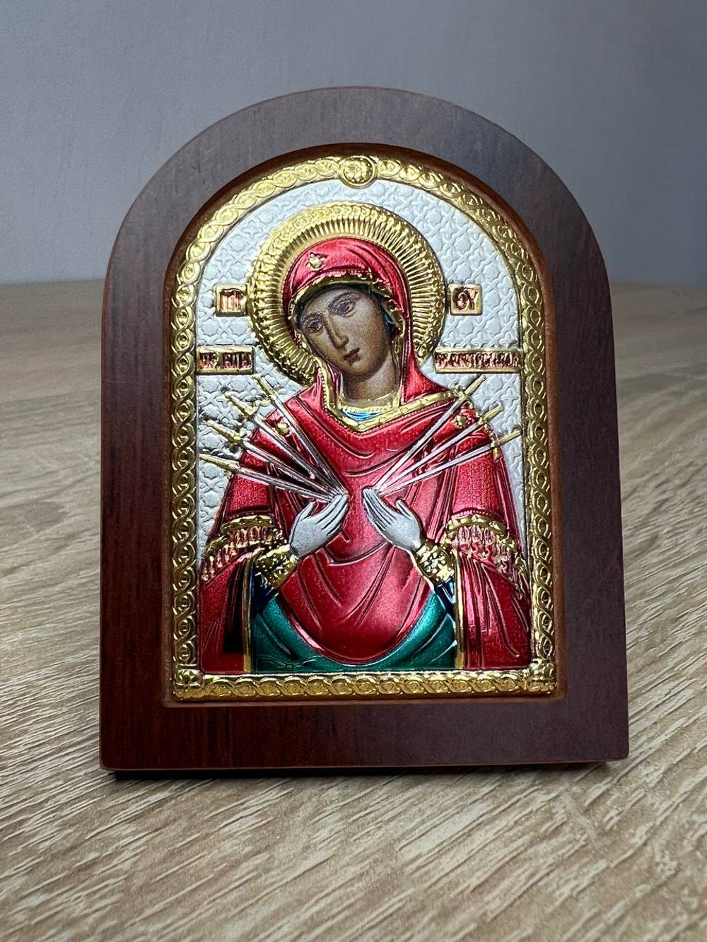 Семистрельная БМ, икона арочная, красное дерево, эмаль  60х75