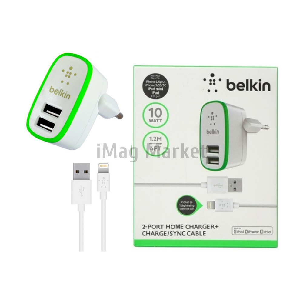Сетевое зарядное устройство Belkin, 2 USB-A, 10W, 2.1A + кабель Lightning, 1.2 м, белый (no original)
