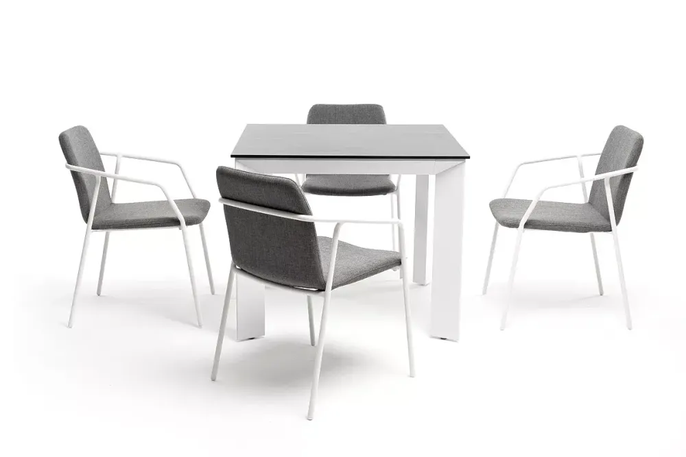 "Венето" обеденная группа на 4 персоны со стульями "Марокко", каркас белый, роуп серый