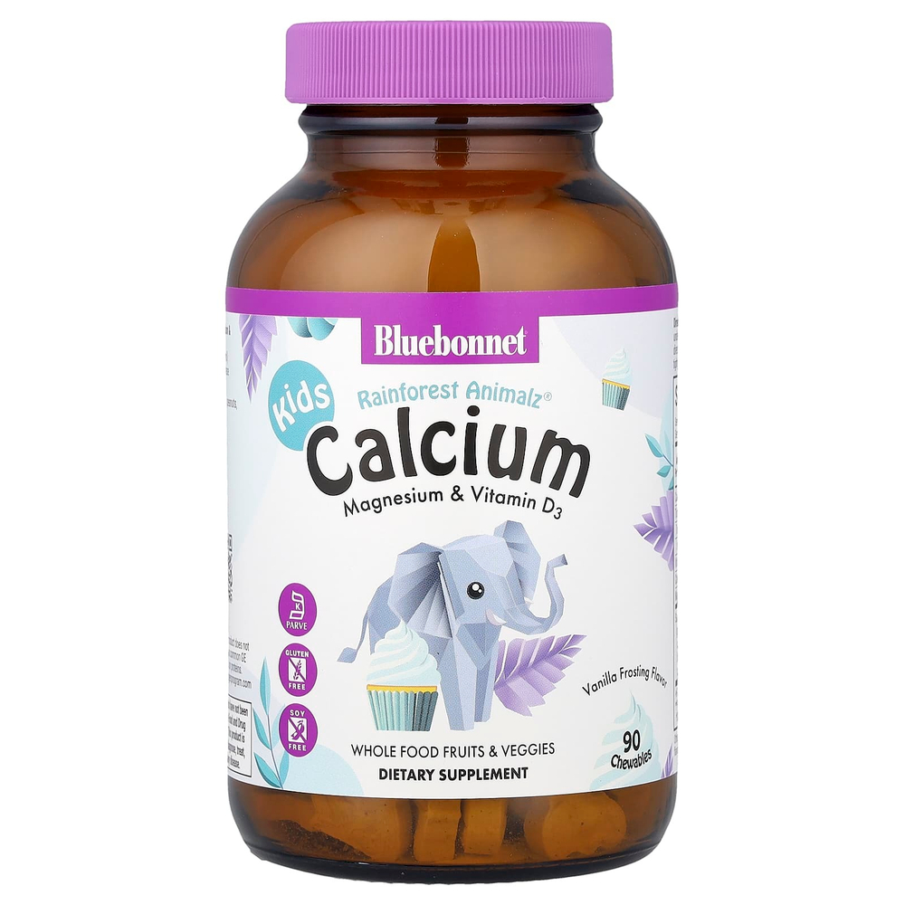 Bluebonnet Nutrition, Kids, Rainforest Animalz®, кальций, магний и витамин D3, для детей, ванильная глазурь, 90 жевательных таблеток