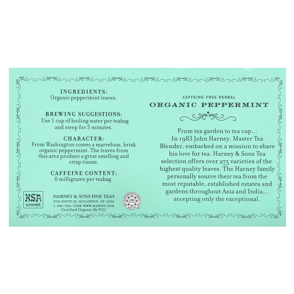 Harney & Sons, Органический травяной чай с перечной мятой, без кофеина, 50 чайных пакетиков, 50 г (1,76 унции)