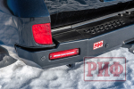 Бампер силовой задний Toyota Land Cruiser 200 2007-2012 с квадратом под фаркоп, калиткой, фонарями, подсветкой номера, стандарт РИФ