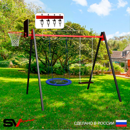 Уличные качели Sv Sport Maxi УК123.1КВ2 (3.0м/Щит баскет/Гнездо Оксф. 100см/Деревянные/Подвесы на втулке 2к)