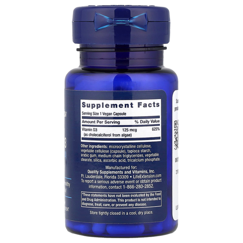 Life Extension, Веганский витамин D3, 125 мкг (5000 МЕ), 60 веганских капсул