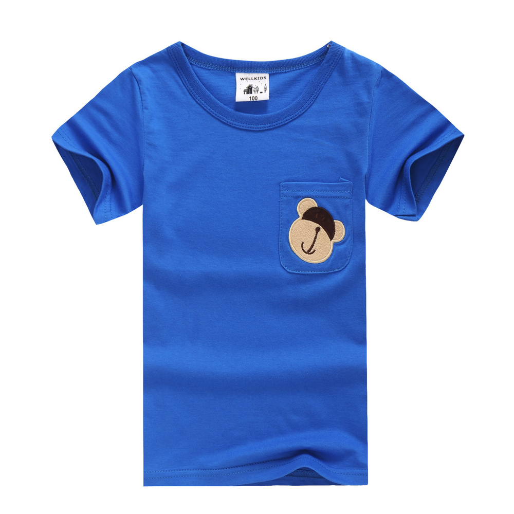 Футболка однотонная с накладным карманом и аппликацией медведя