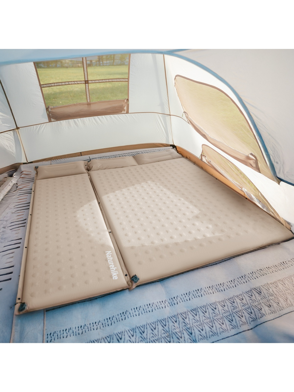 Коврик самонадувающийся Naturehike двойной 200х130х6 см, с подушками, бежевый