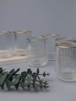 Набор ребристых стаканов для воды, 6 шт. с золотой каймой