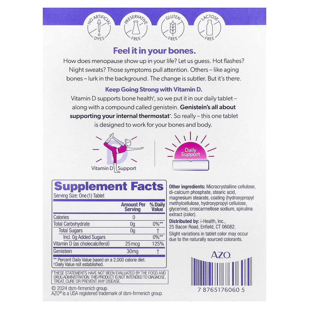 AZO, Menopause Relief, ежедневная поддержка менопаузы с витамином D`` 30 таблеток