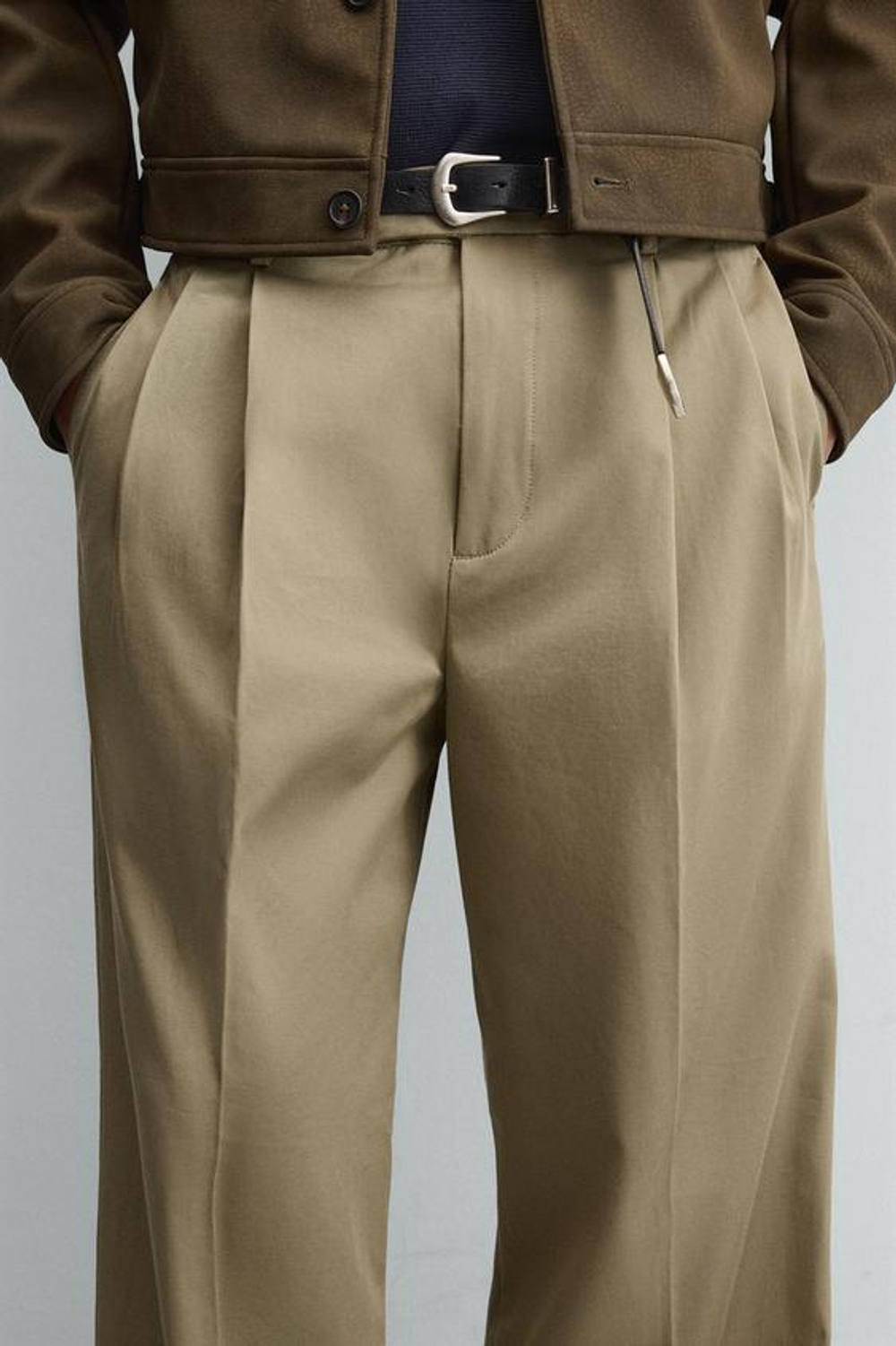 ZARA БРЮКИ WIDE-FIT СО СКЛАДКАМИ, БЕЖЕВЫЙ