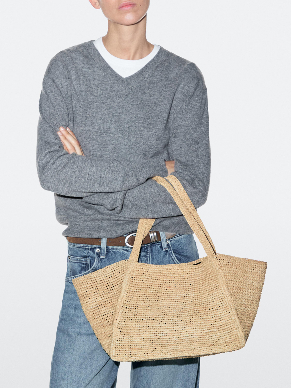 Massimo Dutti Сумка-шоппер среднего размера из 100% рафии, бежевый