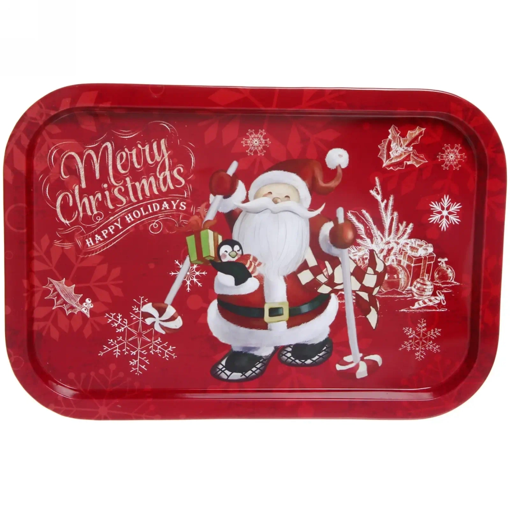 Поднос жестяной 34,5*23,5см «Дед Мороз с пингвином»