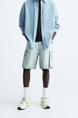 ZARA ДЖИНСОВЫЕ ШОРТЫ-КАРГО-БЕРМУДЫ, СИНИЙ