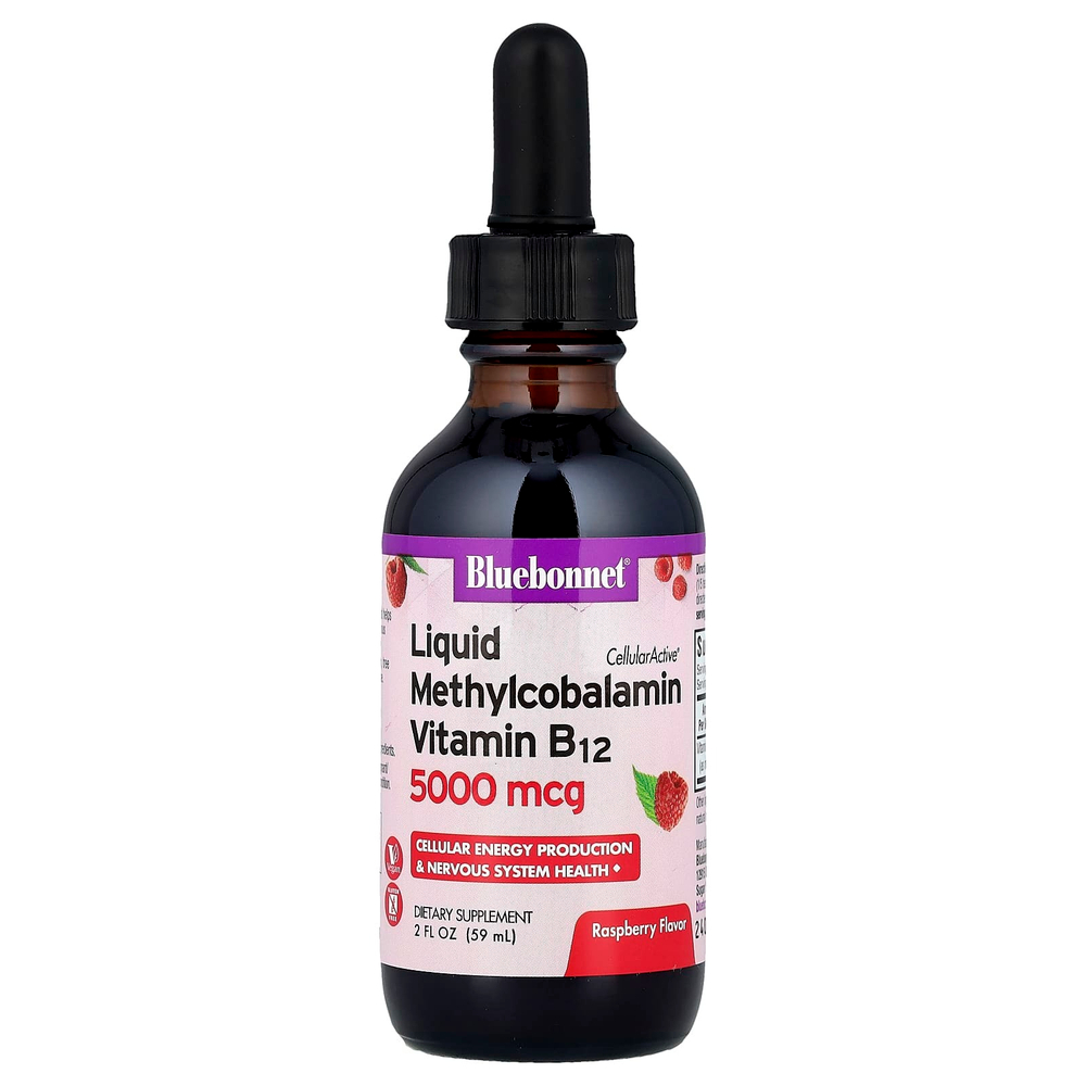 Bluebonnet Nutrition, CellularActive® жидкий метилкобаламин с витамином B12, малина, 5000 мкг, 59 мл (2 жидк. Унции)