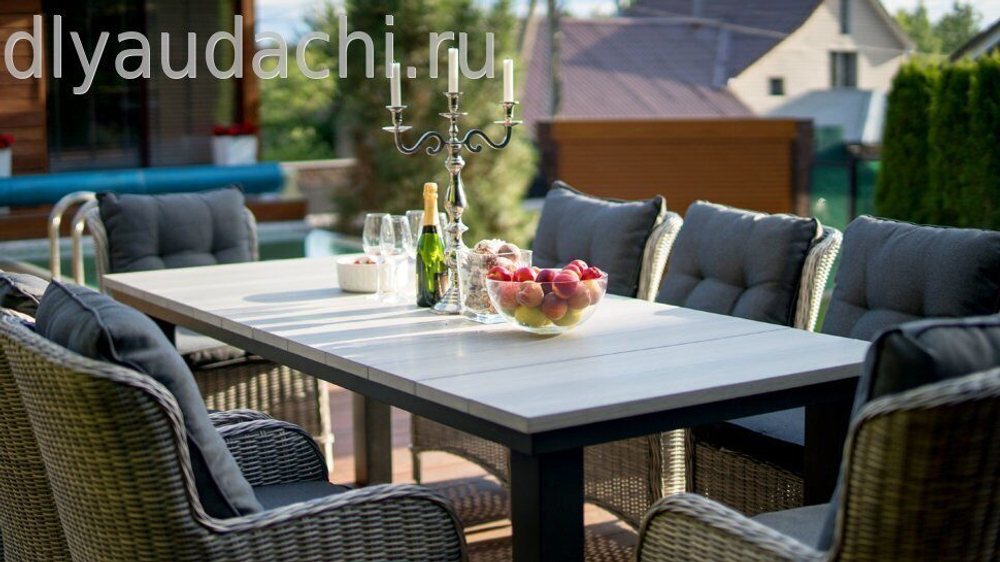 Обеденный комплект стол ПАРКЛЭНД  + 8 кресел из искусственного ротанга БЕРГАМО (цвет серый/коричневый)