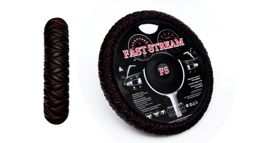 Оплетка руля XL 41-42 см кожзам  Сборка  с красными строчками (FAST STREAM)