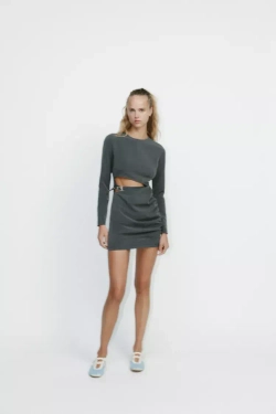 ZARA ПЛАТЬЕ С ВЫРЕЗАМИ И ХЛЯСТИКОМ, СЕРЫЙ
