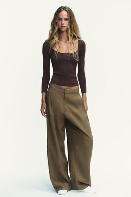 ZARA БЕСШОВНЫЙ ТОП В РУБЧИК С БАНТОМ, ШОКОЛАДНЫЙ