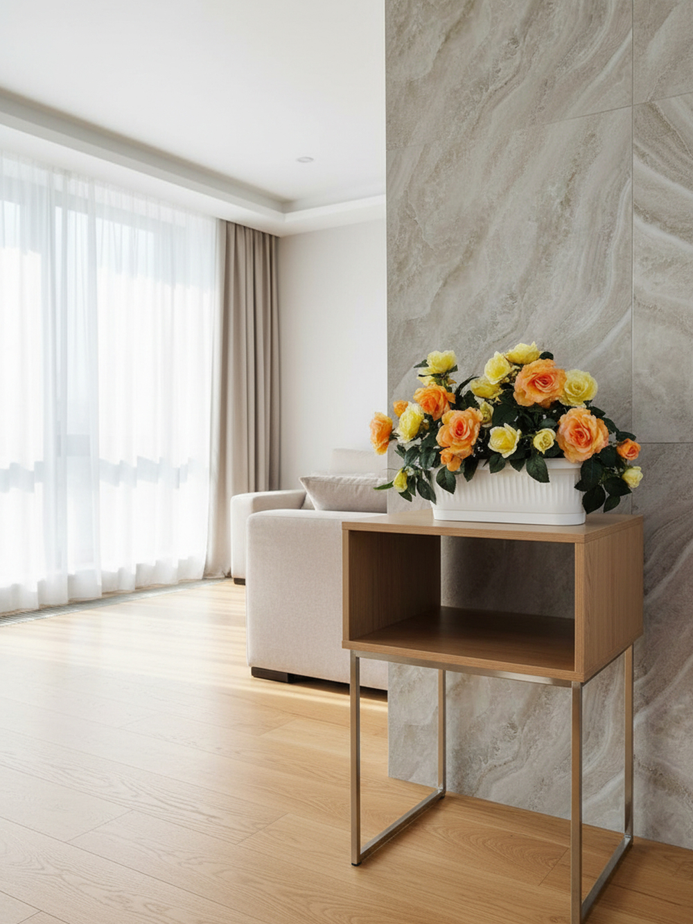 Искусственные цветы Розы желто-оранжевые в балконном ящике