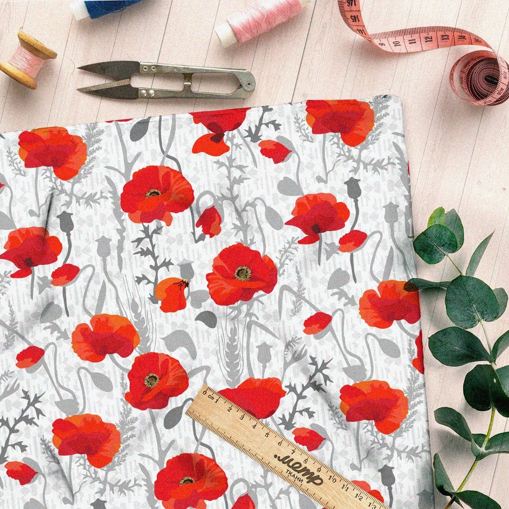 Ткань интерлок красные маки и серые стебли