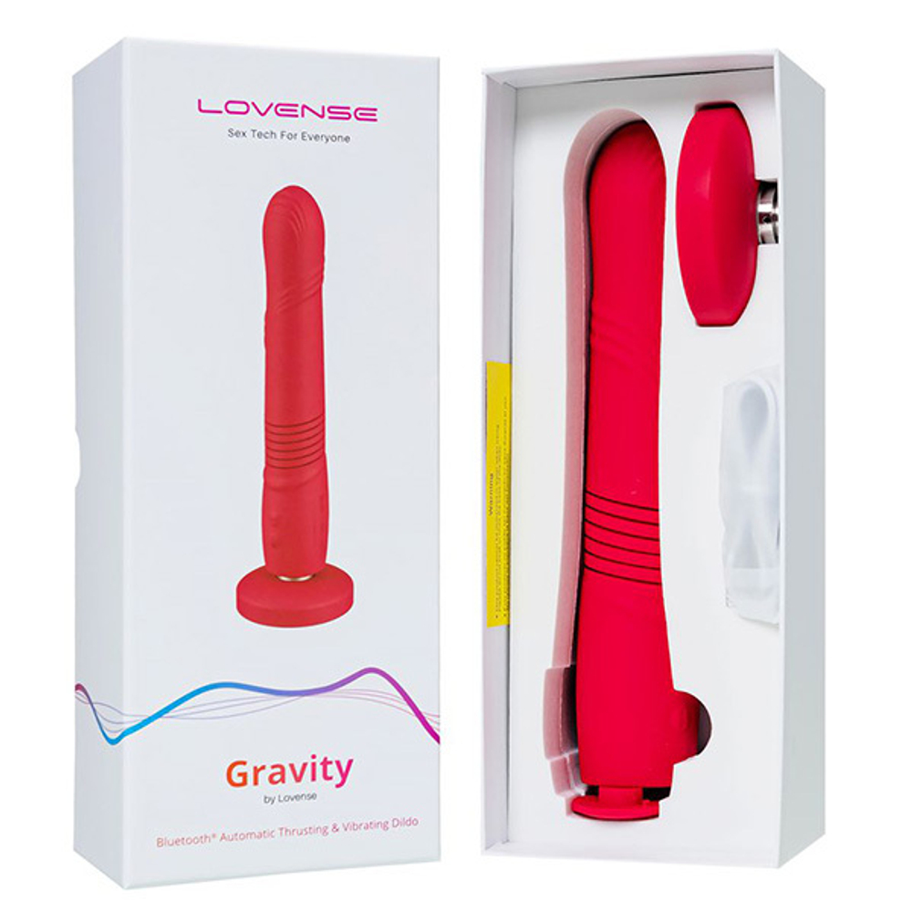 Красный фрикционный вибратор 25,9см со съемной присоской и управлением через приложение Lovense Gravity Thrusting Vibrating Dildo Red LE-26